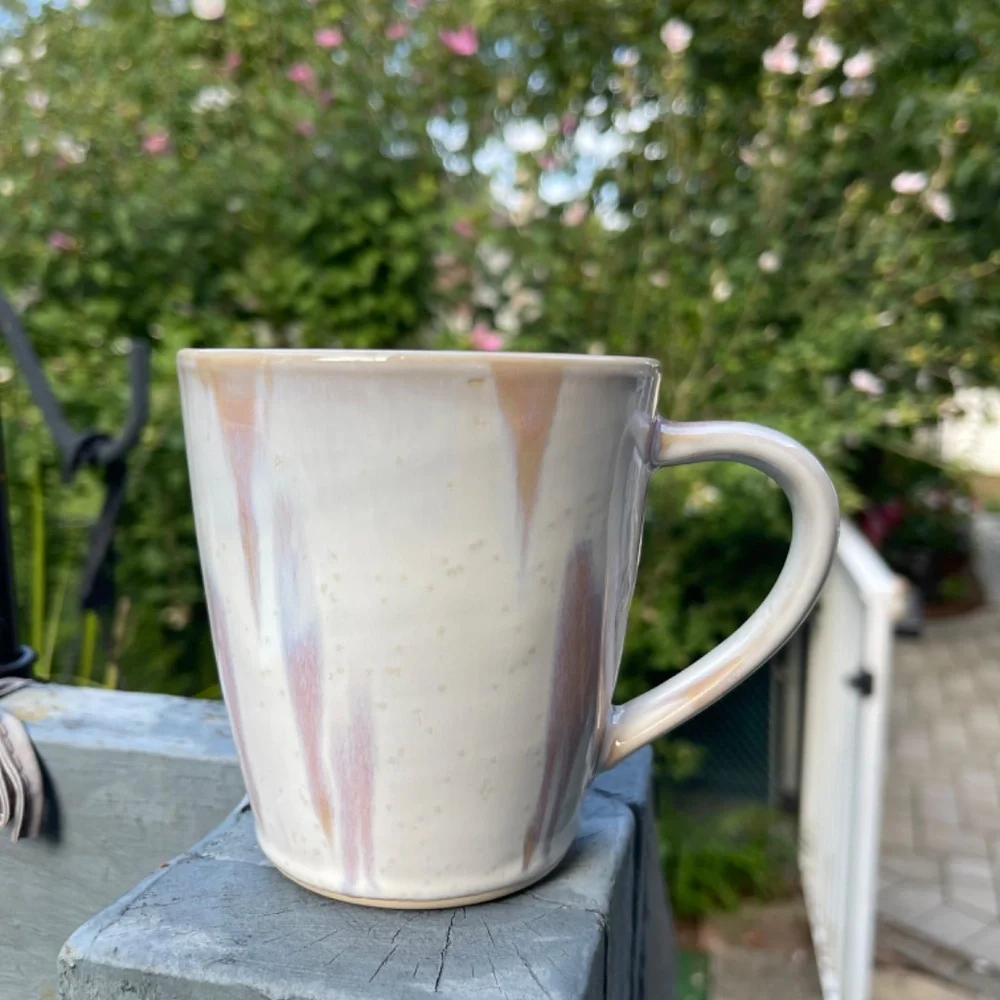 New Crate & Barrel white mug with pink, purple, orange tie dye/watercolor
